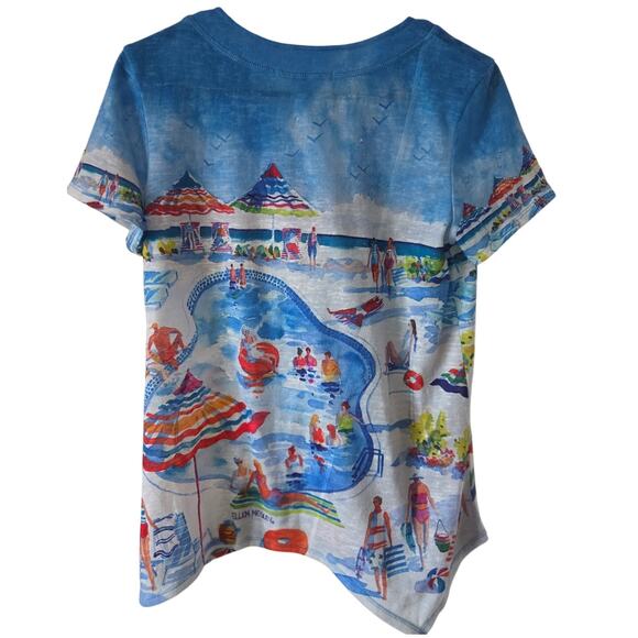 Ellen Negley Small Pool Scene Art Sol Tropical Blouse Shirt Beach Resort - Picture 2 of 8